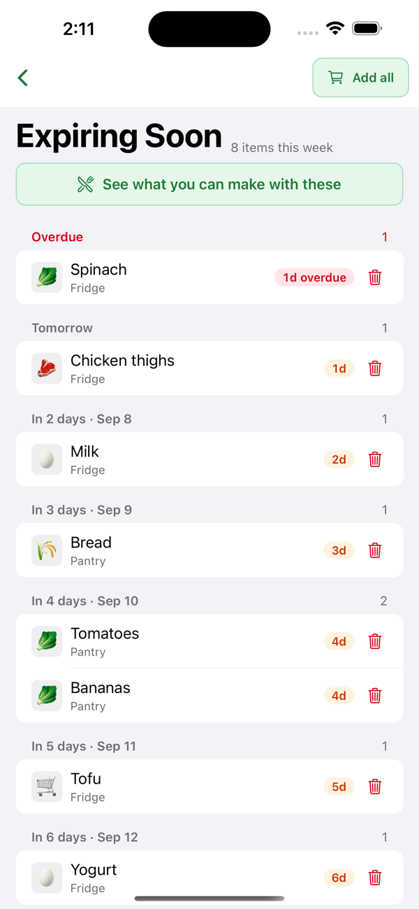Expiring Soon in Ambry: Spinach one day overdue in red under Overdue, then chicken thighs, milk, bread, tomatoes, bananas, tofu and yogurt grouped by the day they expire, with Add all and See what you can make with these.