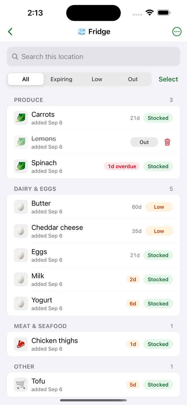 The Fridge in Ambry: produce, dairy and eggs, meat and other, each row with its days left and a Stocked, Low or Out chip. Spinach is one day overdue in red; milk, yogurt, chicken thighs and tofu are within a week in orange.