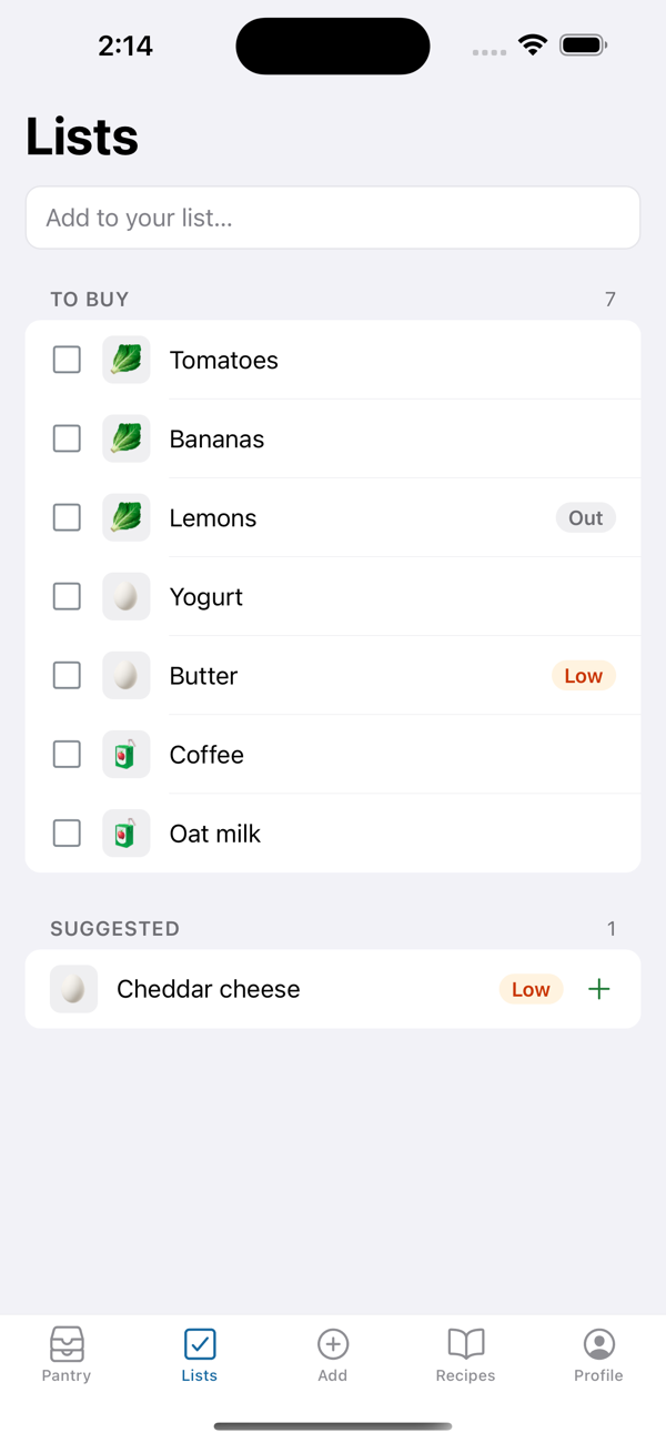 The Lists tab in Ambry: To buy with tomatoes, bananas, lemons marked Out, yogurt, butter marked Low, coffee and oat milk, and a Suggested row for cheddar cheese.